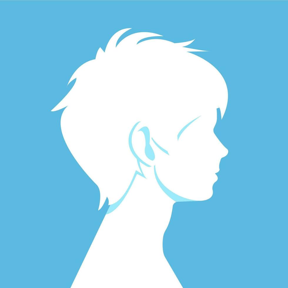 Young boy in profile. Blue background. Unrecognizable person without face. Boy isolated profile portrait. vector