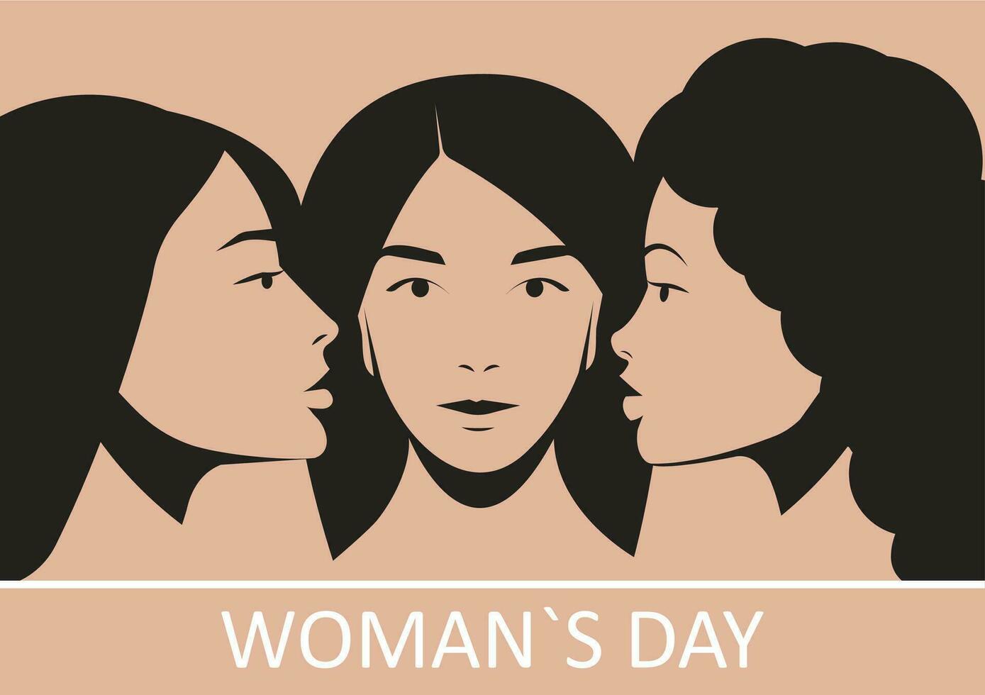 Different Woman Portraits in a Row. Front View. Profile View. International Woman Day Horizontal Banner. Friendship, unity, woman rights, solidarity and multiracial union. vector