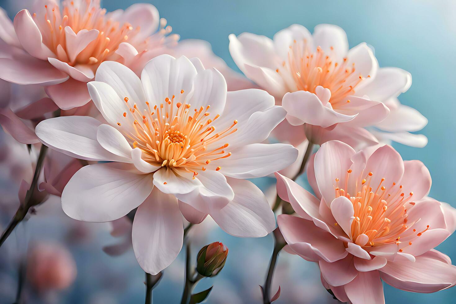 AI generated A close up of a bunch of pink flowers, pink and white dahlia photo