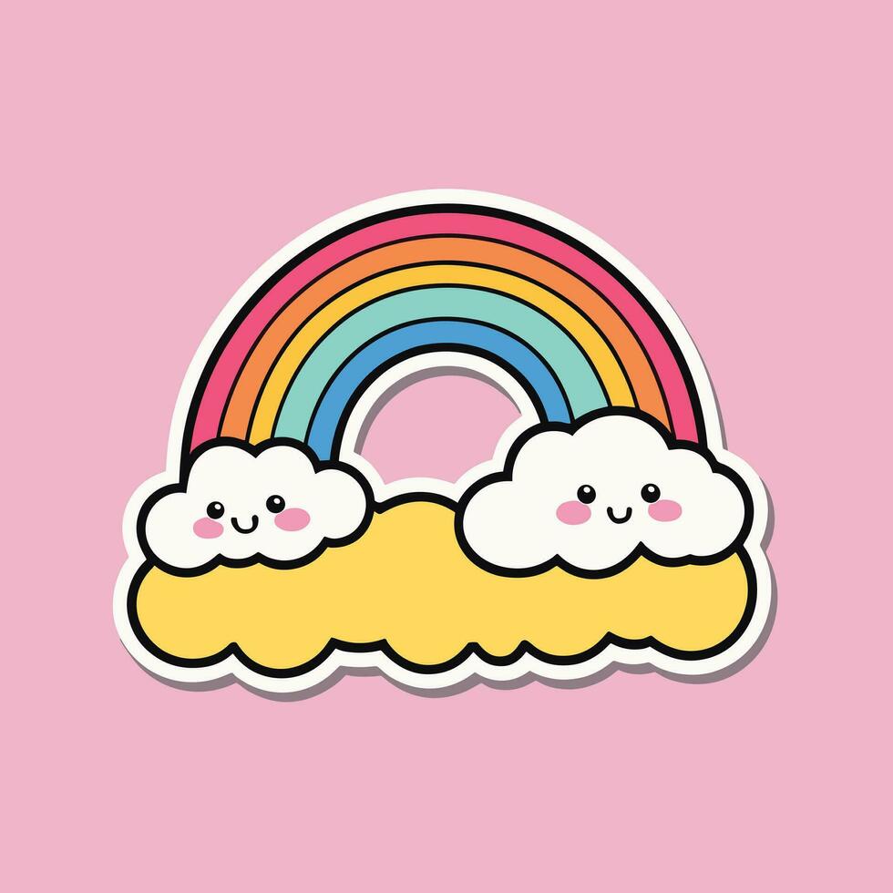 Kawaii rainbow cloud cartoon sticker design vector