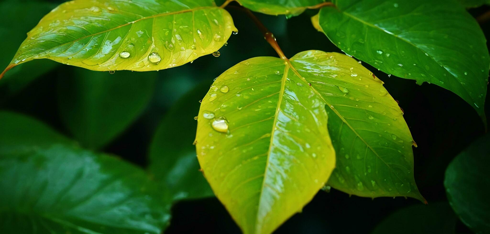 AI generated Close up macro photography of wet leaves in the rainy season. photo
