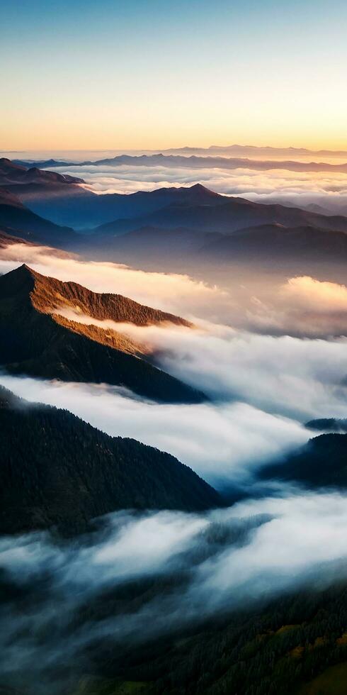 AI generated Aerial view of mountains in low clouds at sunrise in autumn. Top drone view of hills with red and orange trees in fog, colorful sky in fall. Slovenia. Nature. Mountain valley. photo
