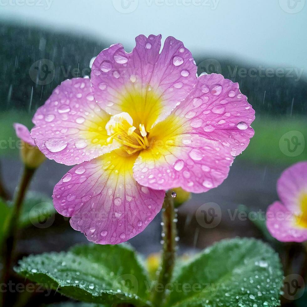 AI generated A primrose flower in the rain photo