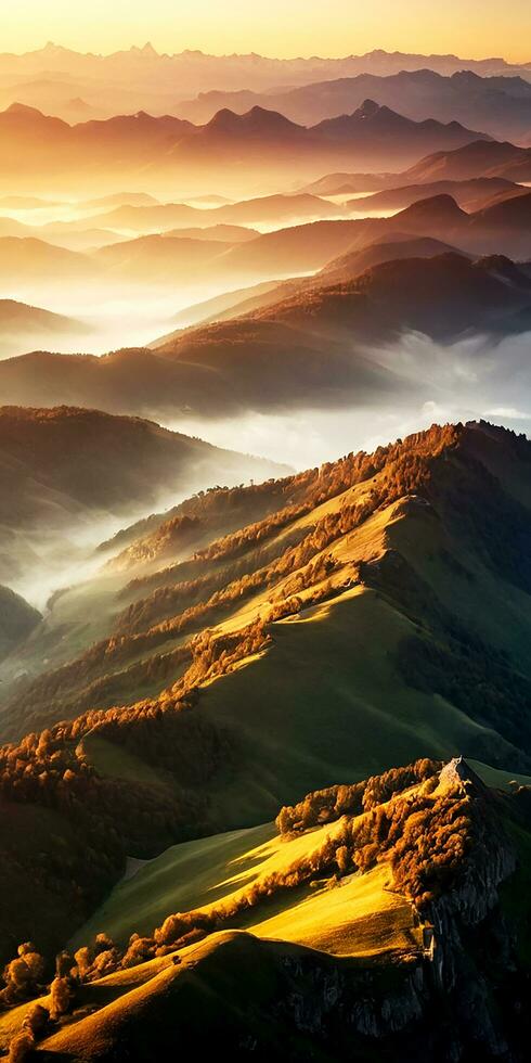 AI generated Aerial view of mountains in low clouds at sunrise in autumn. Top drone view of hills with red and orange trees in fog, colorful sky in fall. Slovenia. Nature. Mountain valley. photo