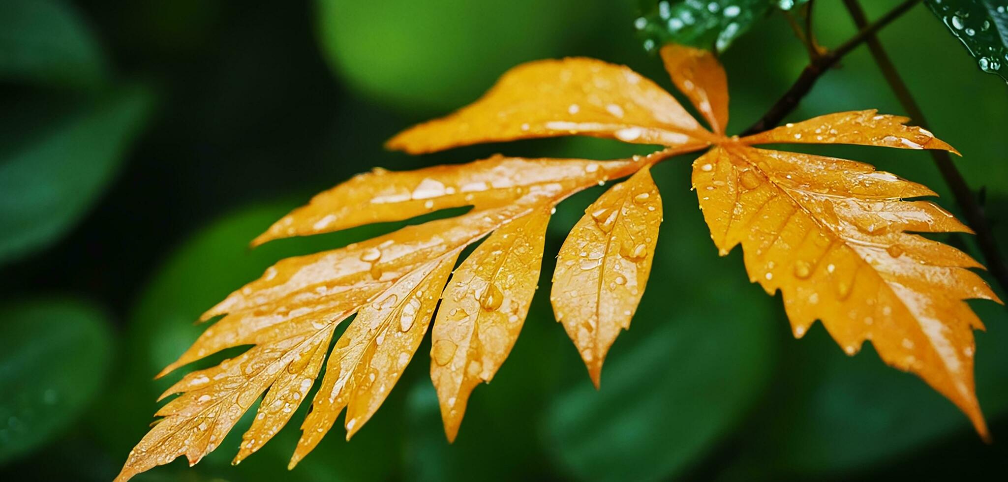 AI generated Close up macro photography of wet leaves in the rainy season. photo