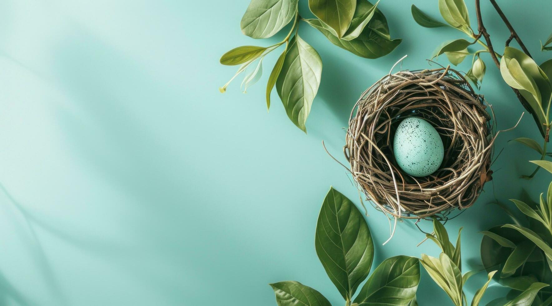 AI generated a bird nesting a blue egg on blue background photo