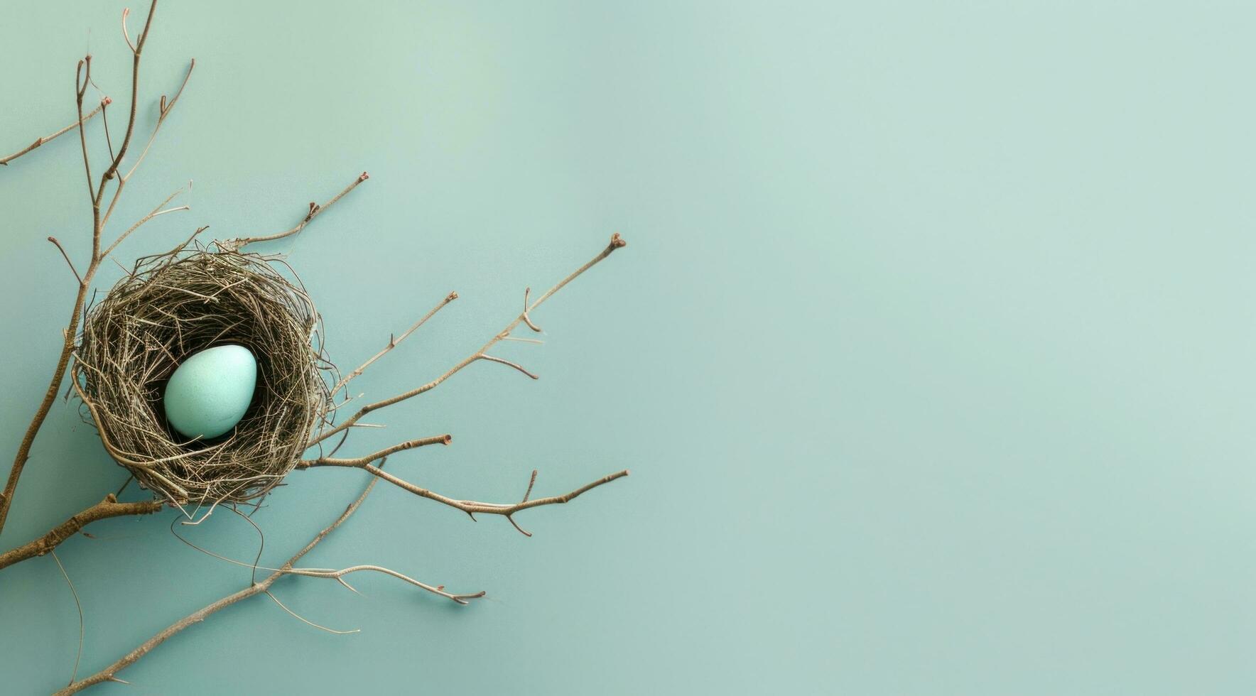 AI generated a bird nesting a blue egg on blue background photo