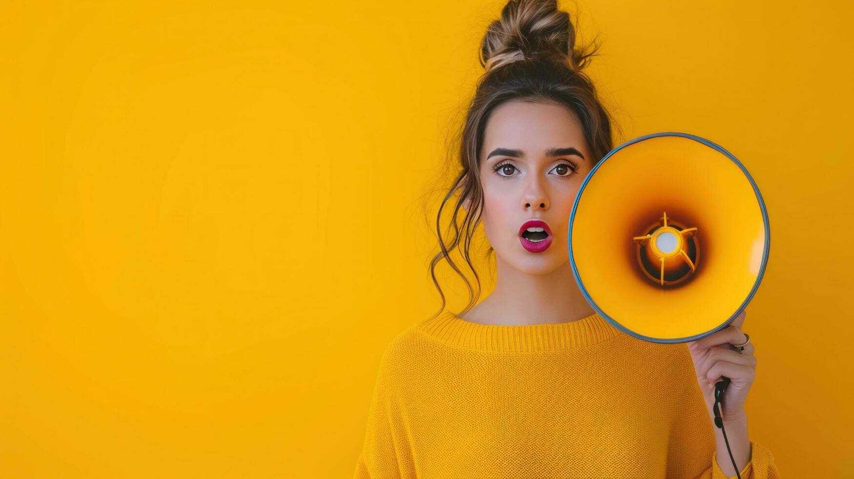 AI generated beautiful woman with megaphone against vivid minimalist background with copy space photo