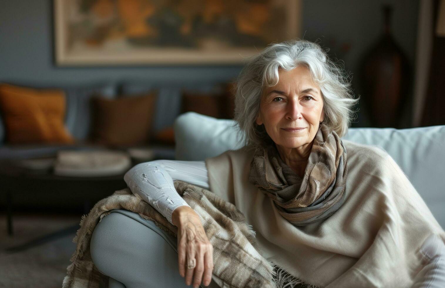 AI generated ageing women in home living room mature woman photo