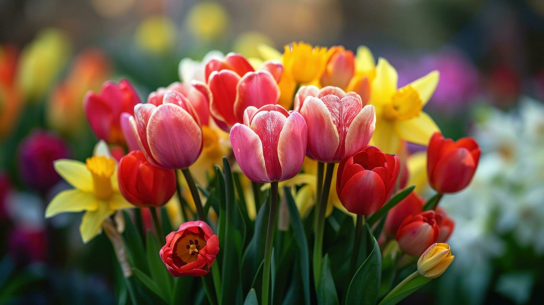 AI generated Blooming tulips, daffodils, and Easter lilies in a vibrant springtime arrangement photo