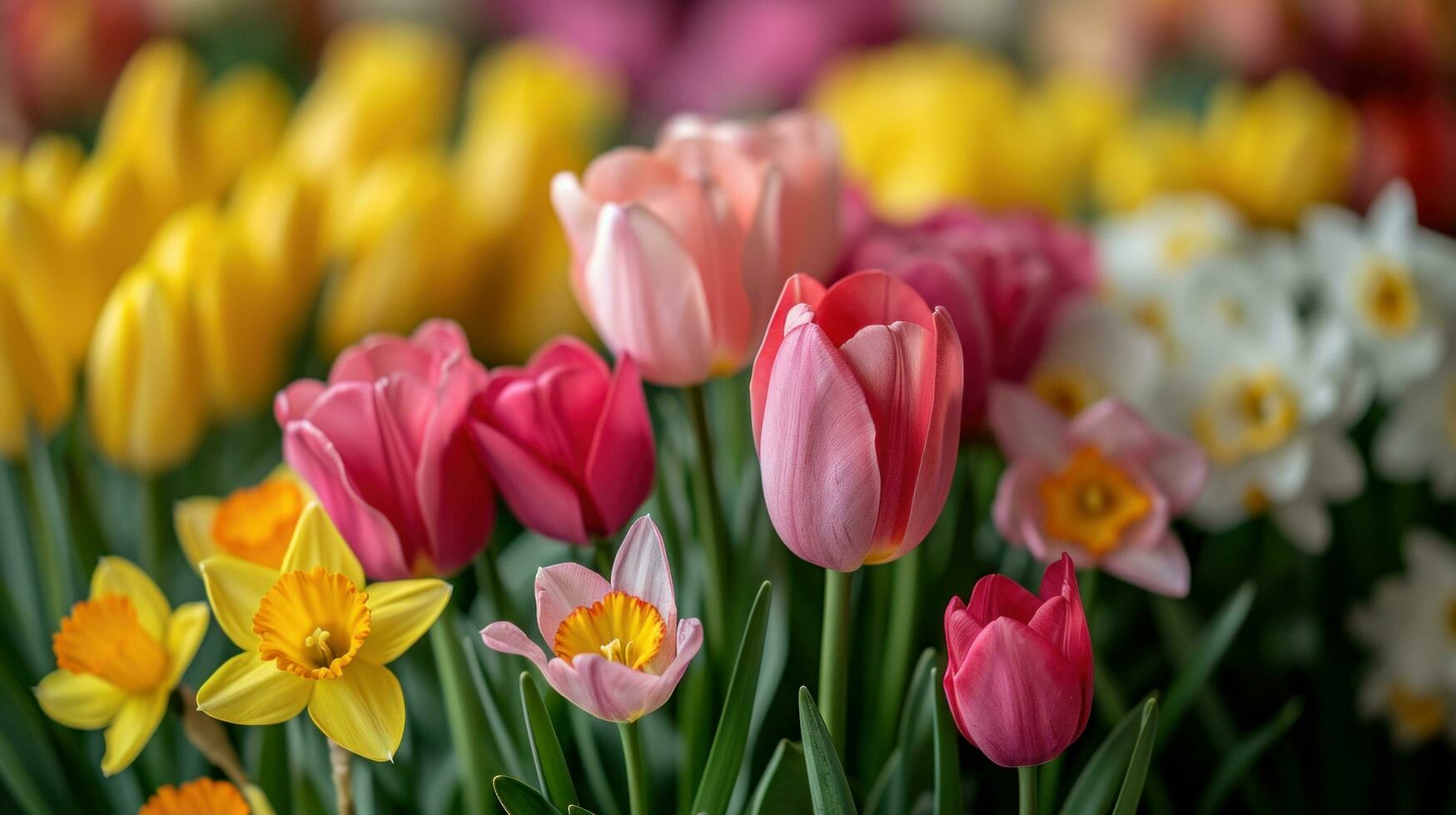 AI generated Blooming tulips, daffodils, and Easter lilies in a vibrant springtime arrangement photo