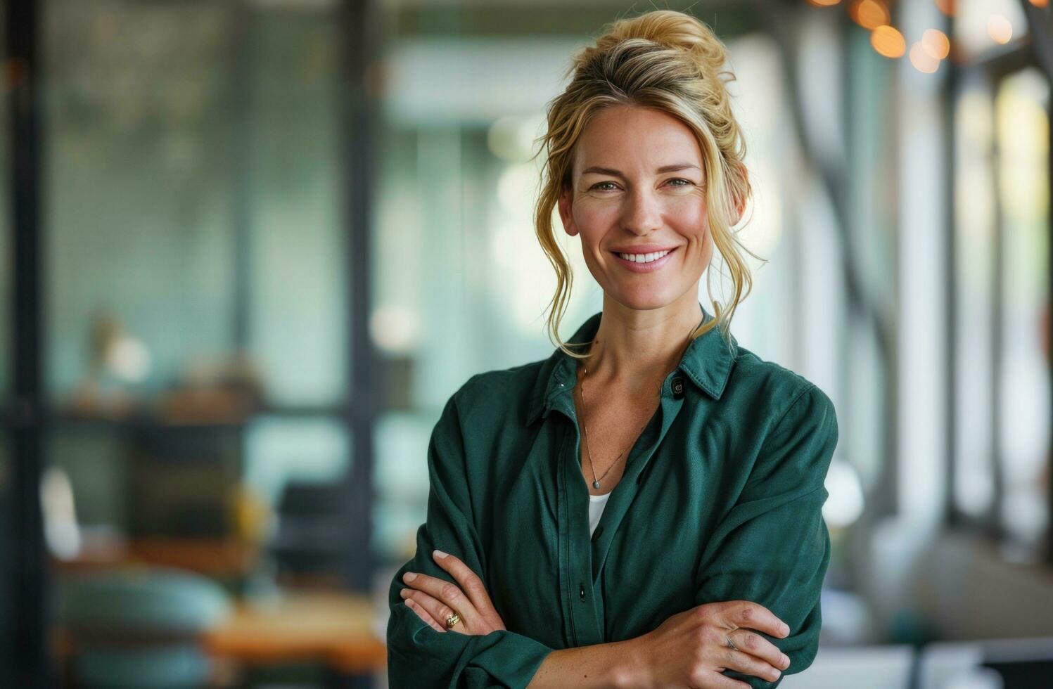 AI generated attractive business woman smiling with arms crossed in office photo