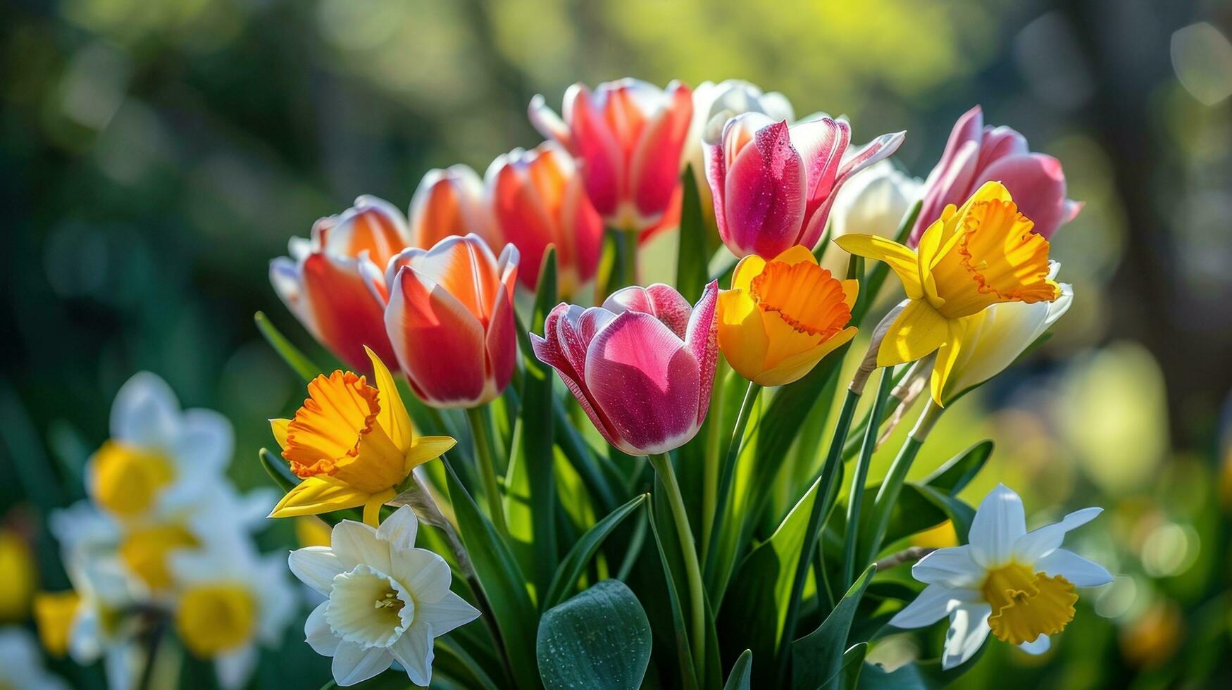 AI generated Blooming tulips, daffodils, and Easter lilies in a vibrant springtime arrangement photo