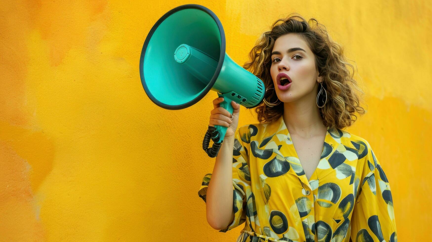 AI generated beautiful woman with megaphone against vivid minimalist background with copy space photo