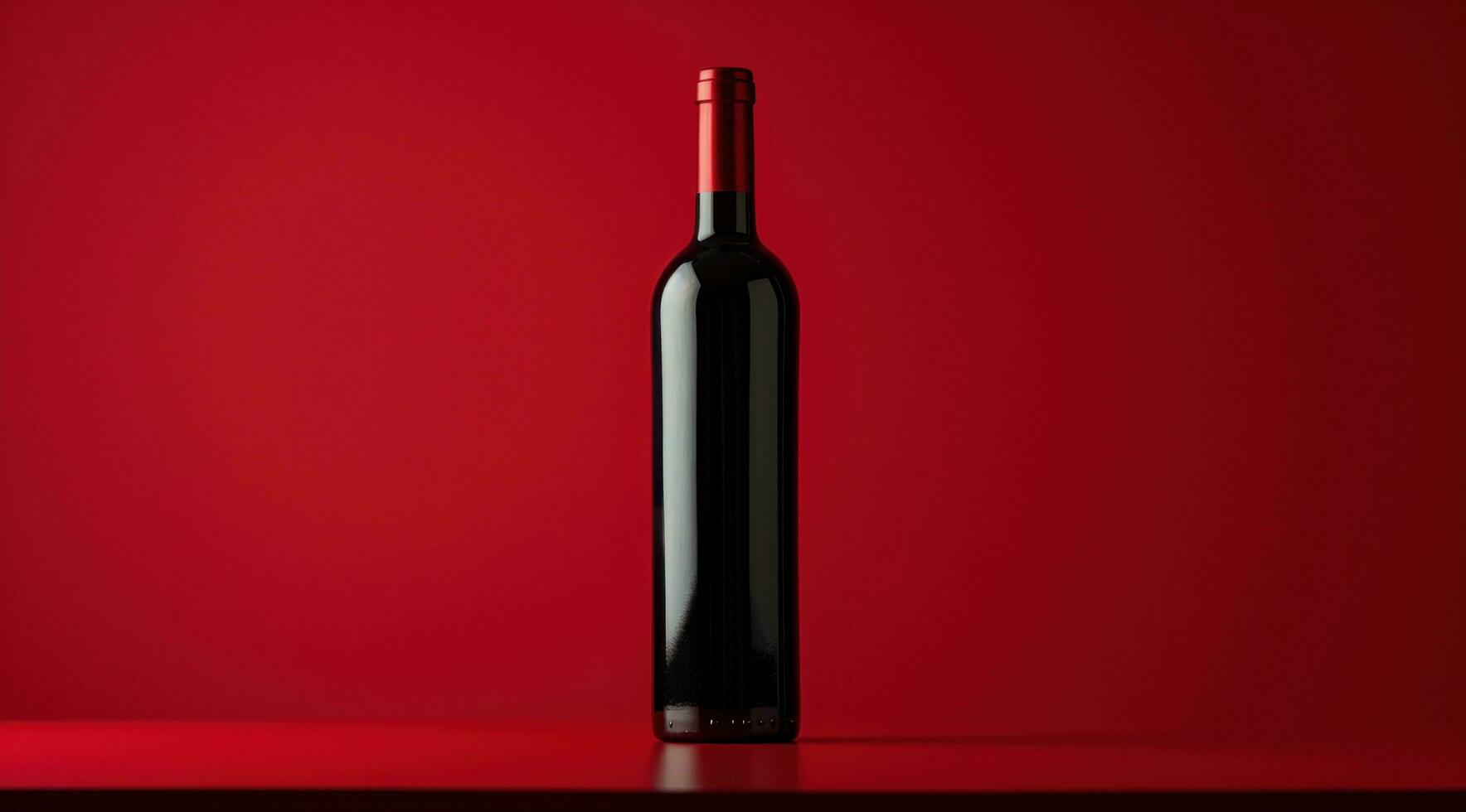 AI generated bottle of dark red wine is placed on a table with a red background photo