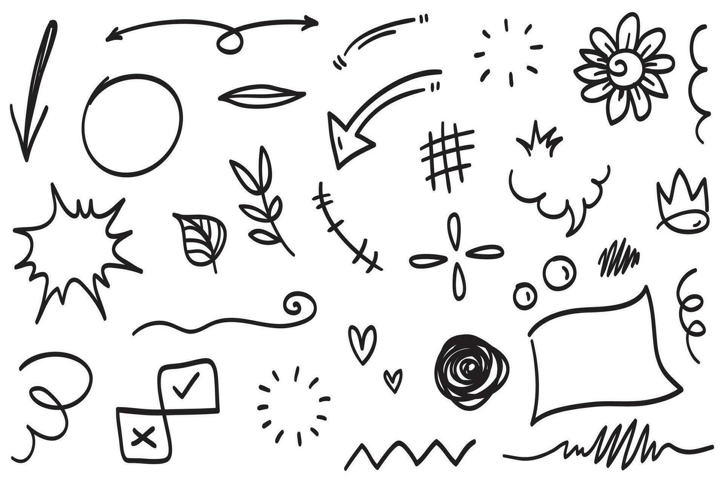 Conjunto de vectores de doodle de signo de expresión de dibujos animados dibujados a mano, flechas direccionales de curva, elementos de diseño de efectos de emoticonos, símbolos de emoción de personaje de dibujos animados, lindas líneas de trazo de pincel decorativo.