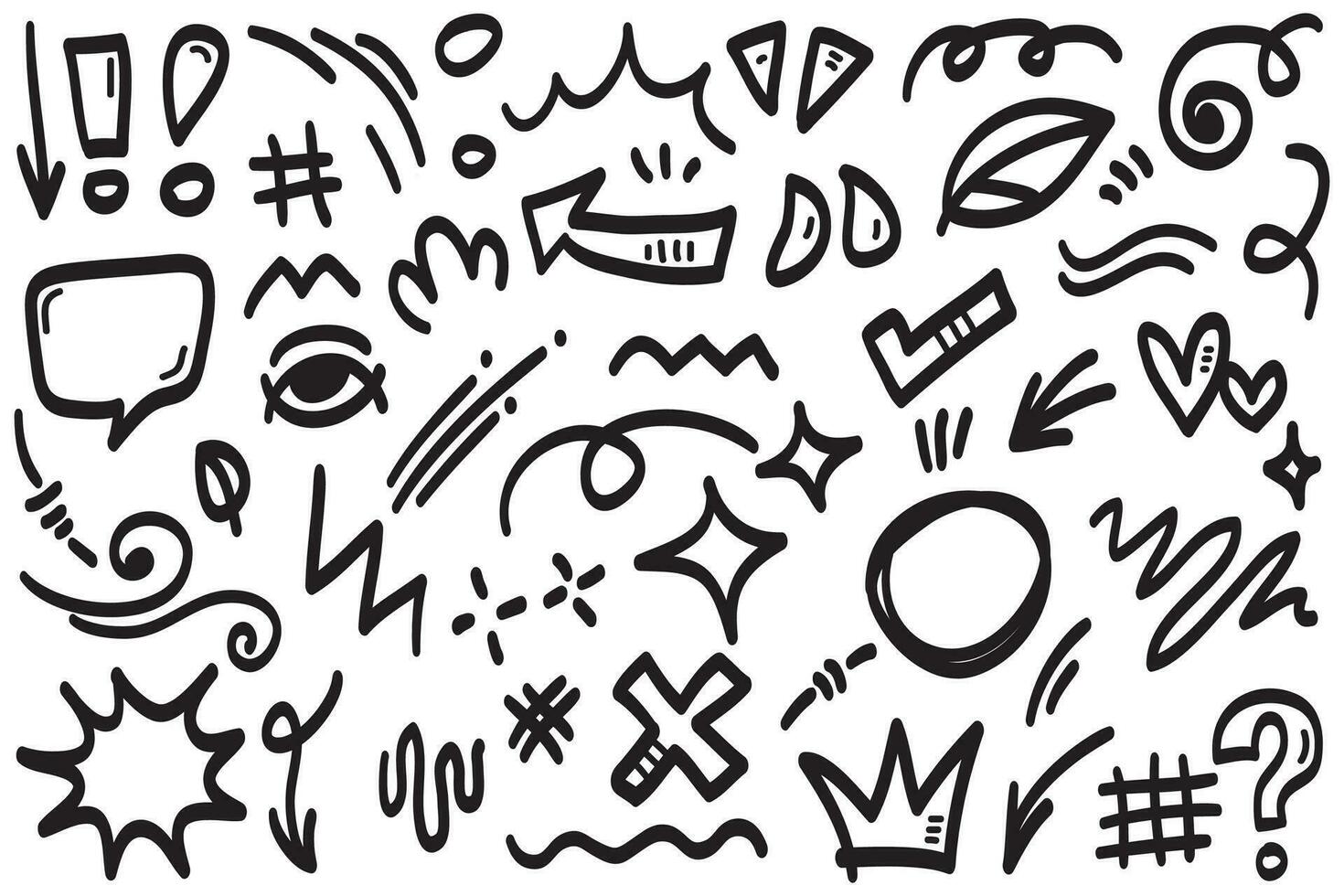 Vector set of hand-drawn cartoony expression sign doodle, curve directional arrows, emoticon effects design elements, cartoon character emotion symbols, cute decorative brush stroke lines.