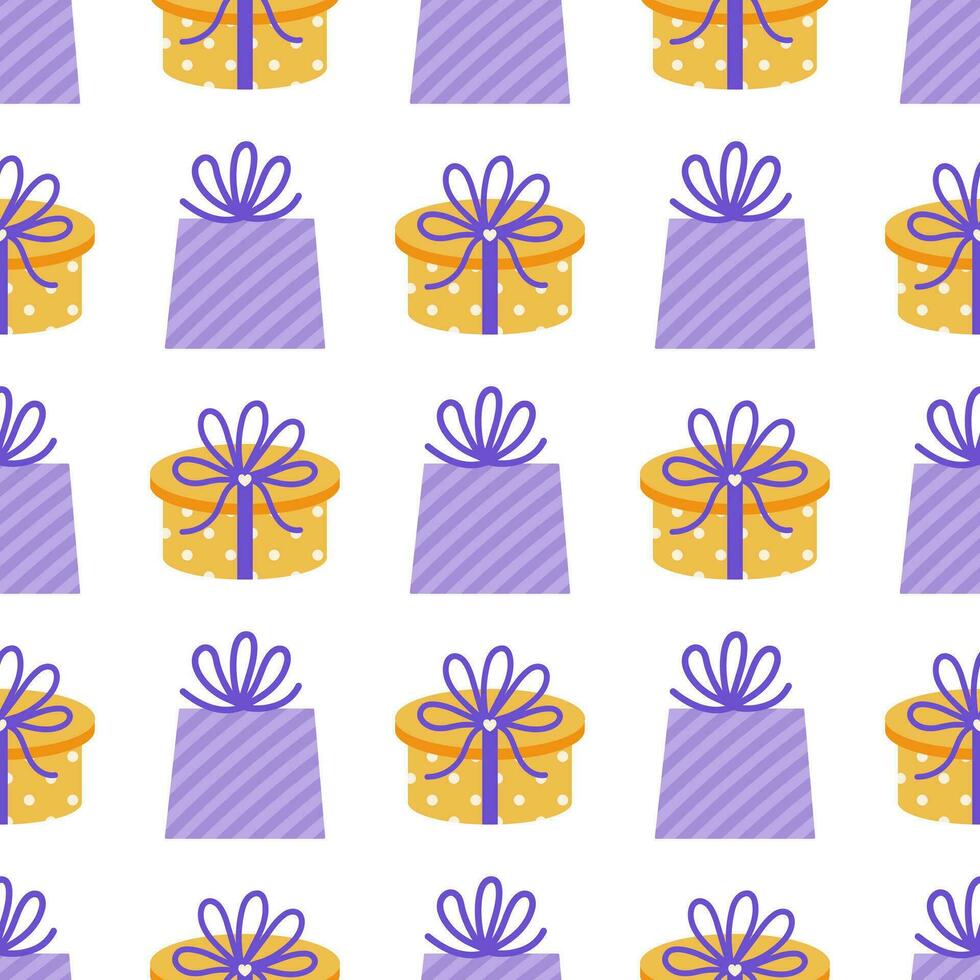 Gift boxes seamless vector pattern. Gold and purple presents with ribbon, bow. Holiday containers packed in paper with stripes, polka dots. Surprise for birthday, funny party. Flat cartoon background