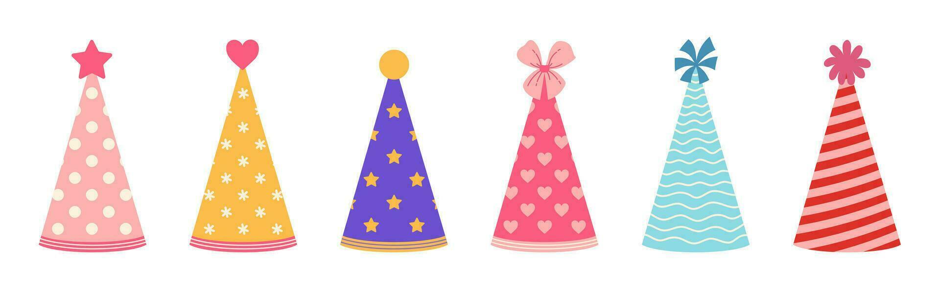 Party hat vector icon set. Colorful caps for birthday, festival, carnival, event. Cones with polka dots, stripes, stars, hearts. Paper headdress for kids. Flat clipart for holidays, isolated on white