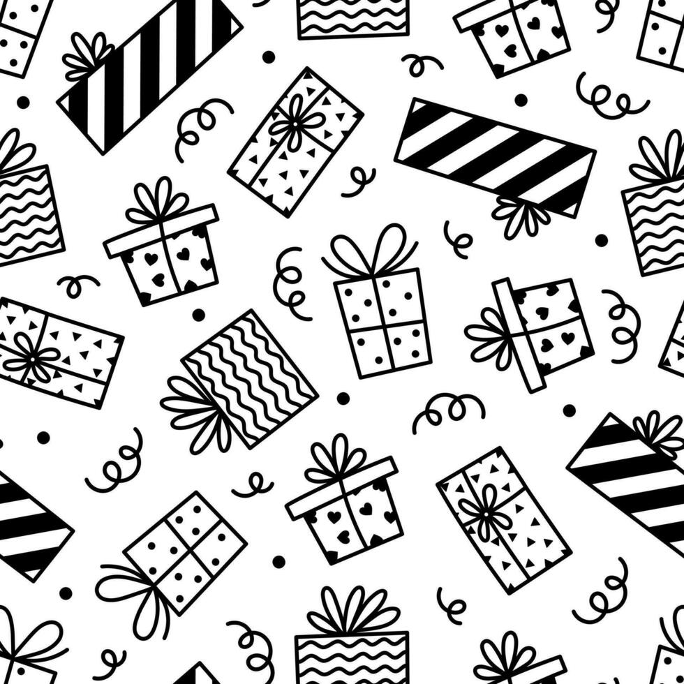 Gift boxes and confetti seamless vector pattern. Containers with bow, ribbon. Black and white presents with polka dot, stripes. Hand drawn doodle, holiday sketch. Background for party, birthday, event