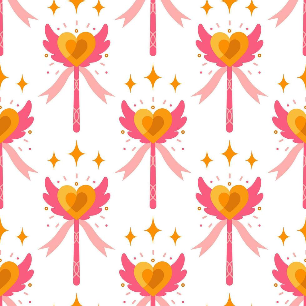 Magic wand seamless vector pattern. Pink stick with ornament. Gold heart with wings, ribbon. A shining tool for a wizard, fairy, kid princess. Toy for tricks, romantic wishes. Flat cartoon background