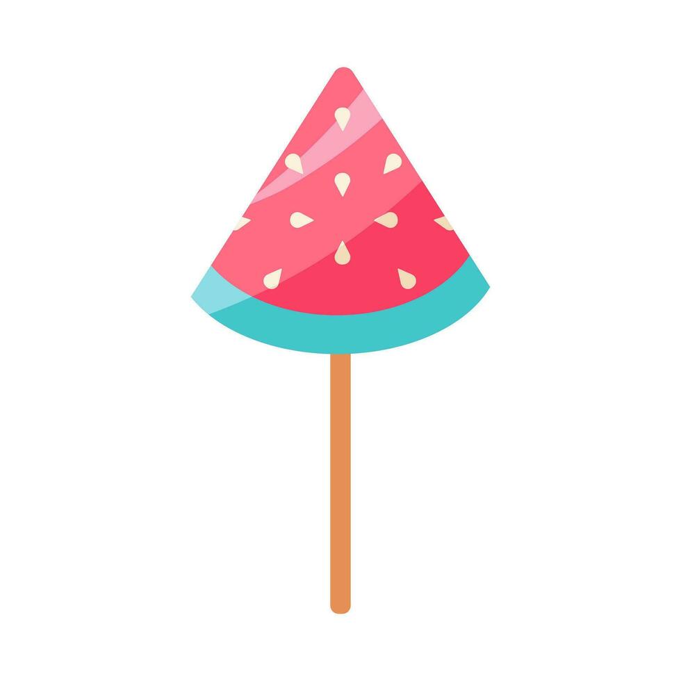 Lollipop vector icon. Sweet candy on a stick in the shape of a watermelon slice. Tasty caramel fruit with peel, pulp, seeds. Colorful summer treat for kids. Flat cartoon clipart for posters, print
