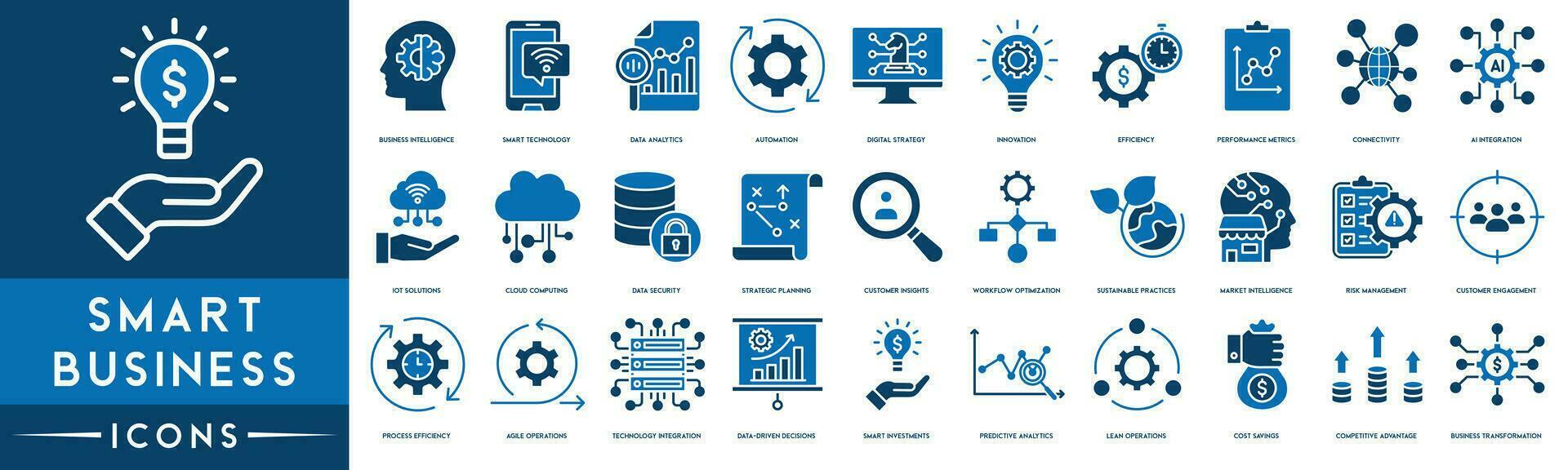 Smart Business Outline Icon Collection. Thin Line Set contains such Icons as Business Intelligence, Smart Technology, Data Analytics, Automation, Digital Strategy and Innovation icons vector