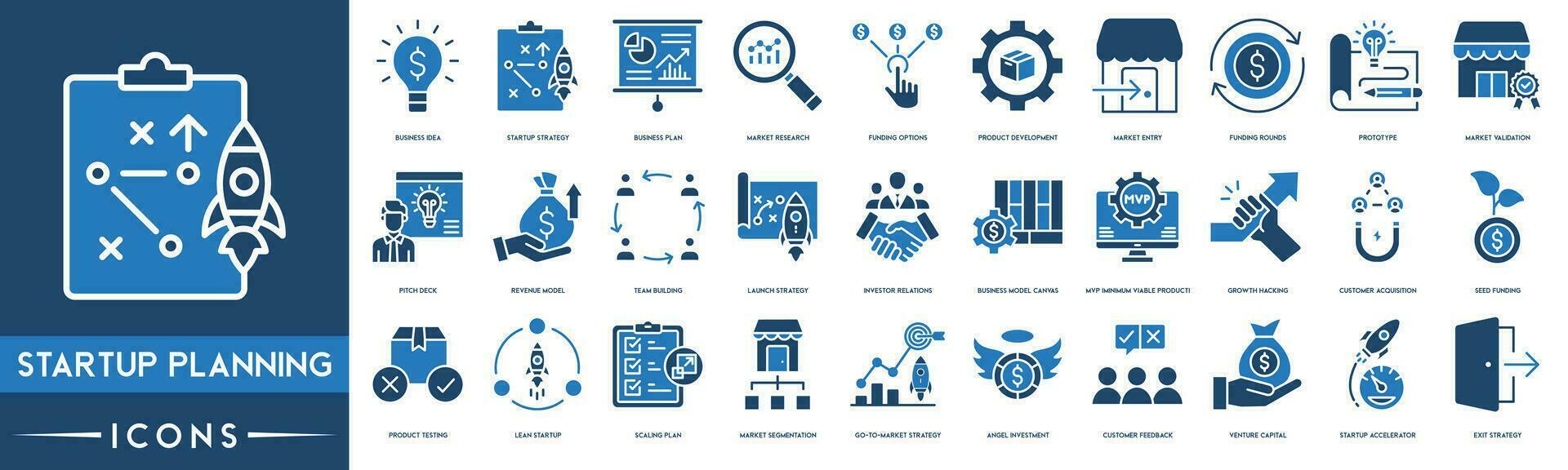 Startup Planning Outline Icon Collection. Thin Line Set contains such Icons as Business Idea, Startup Strategy, Business Plan and Market Research vector