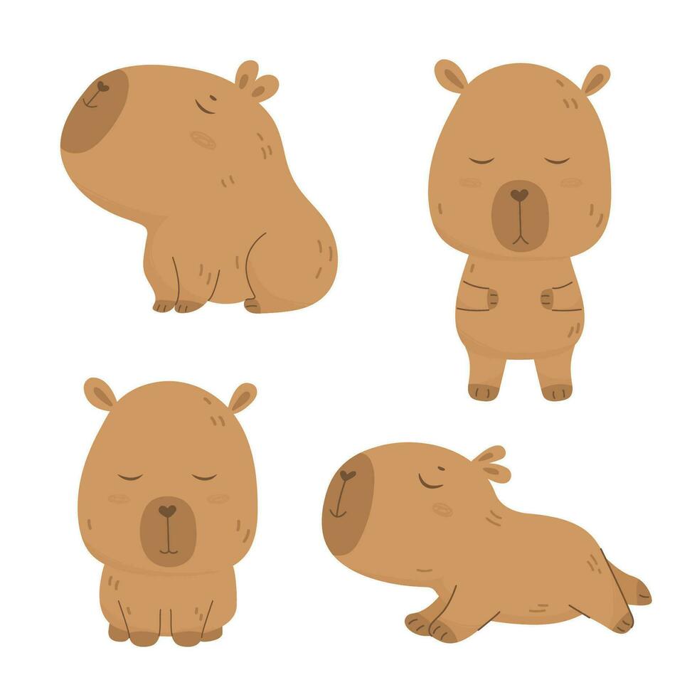Cute cartoon capybara characters set vector
