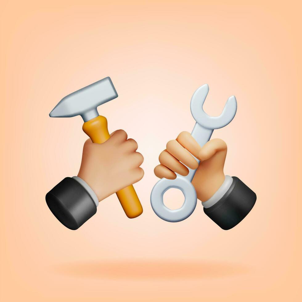 3d Hammer and Wrench Tool in Hands vector