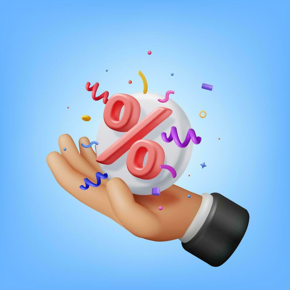 3D Color Confetti Around Percent Sign in Hand vector