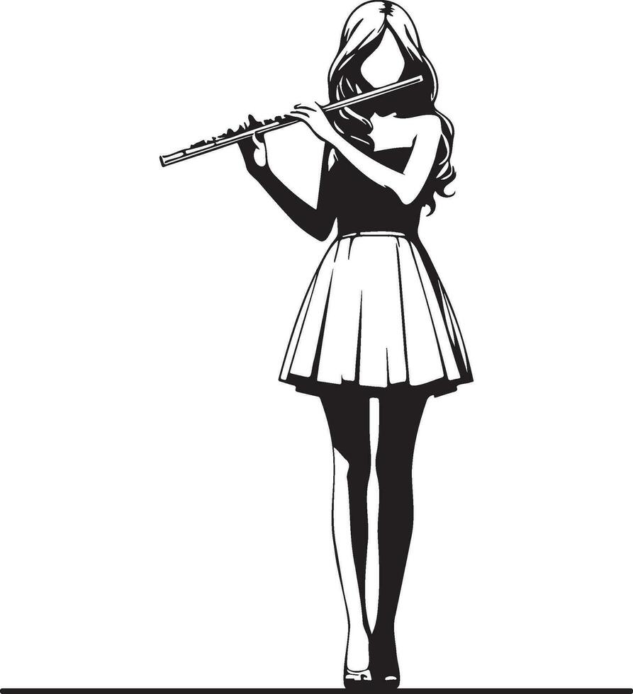 Woman Play Flute Line Drawing. vector