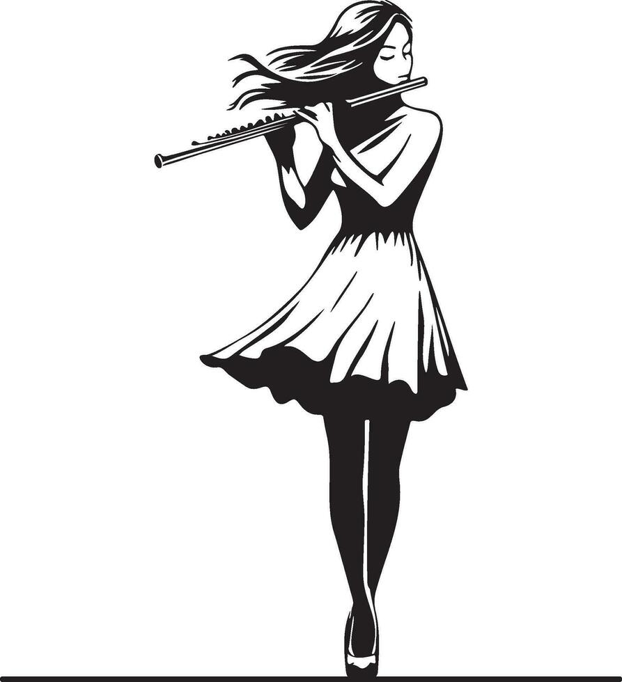Woman Play Flute Line Drawing. vector
