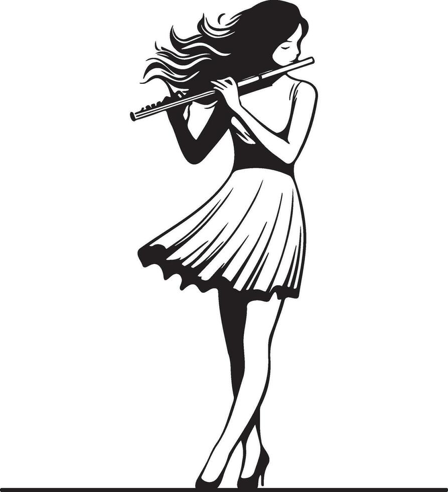 Woman Play Flute Line Drawing. vector