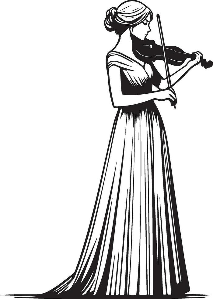 Woman Play Violin Line Drawing. vector