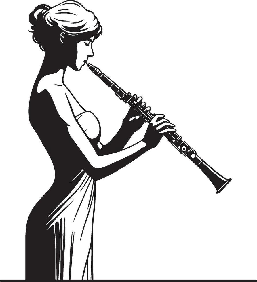 Woman Play Clarinet Line Drawing. vector