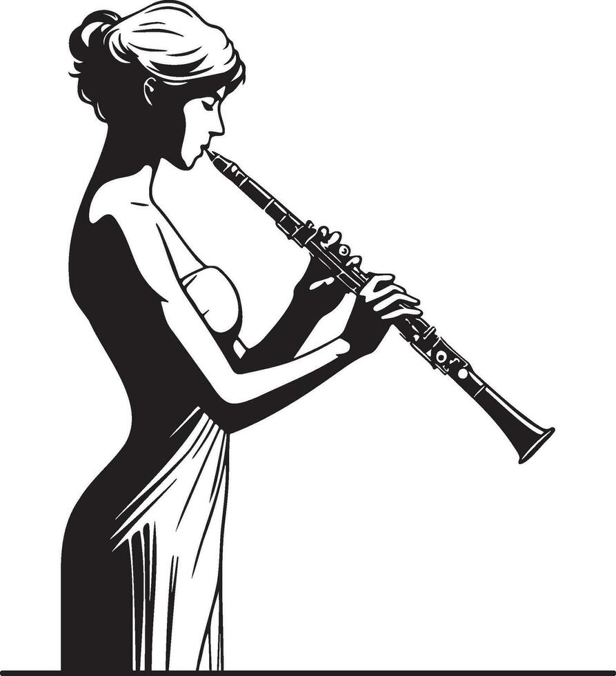 mujer jugar clarinete línea dibujo. vector