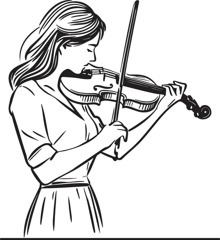 Woman Play Violin Line Drawing. vector