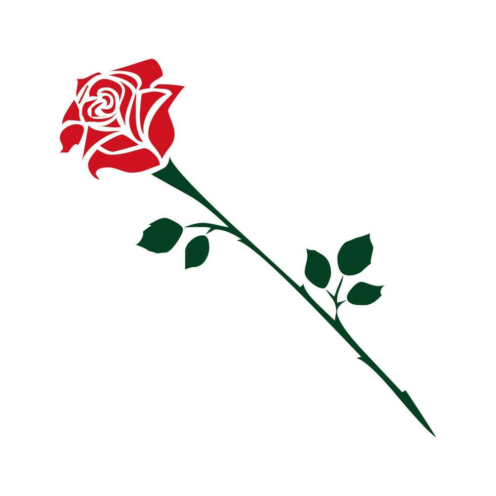 Hand Drawn Red Rose With Green Stem And Leaves vector