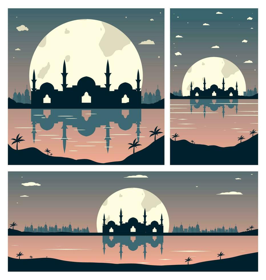 Collection of Mosque Silhouettes with Urban Buildings and Sunset Background vector