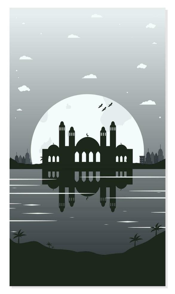 Mosque Silhouette Backgrounds with Urban Buildings and Full Moon in the Background vector