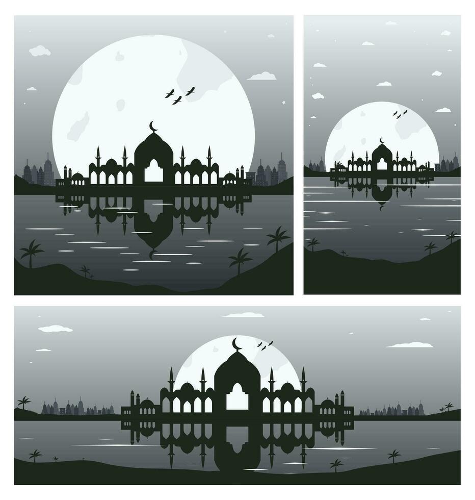 Collection of Mosque Silhouette Backgrounds with Urban Buildings and Full Moon in the Background vector