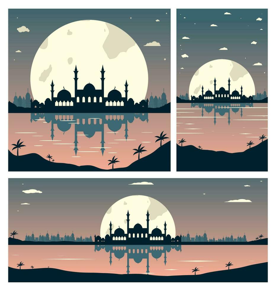 Collection of Mosque Silhouettes with Urban Buildings and Sunset Background vector