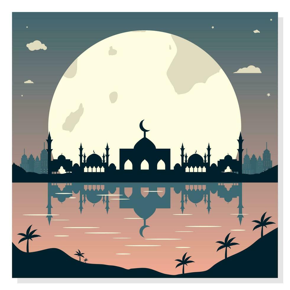 Mosque Silhouettes with Urban Buildings and Sunset Background vector