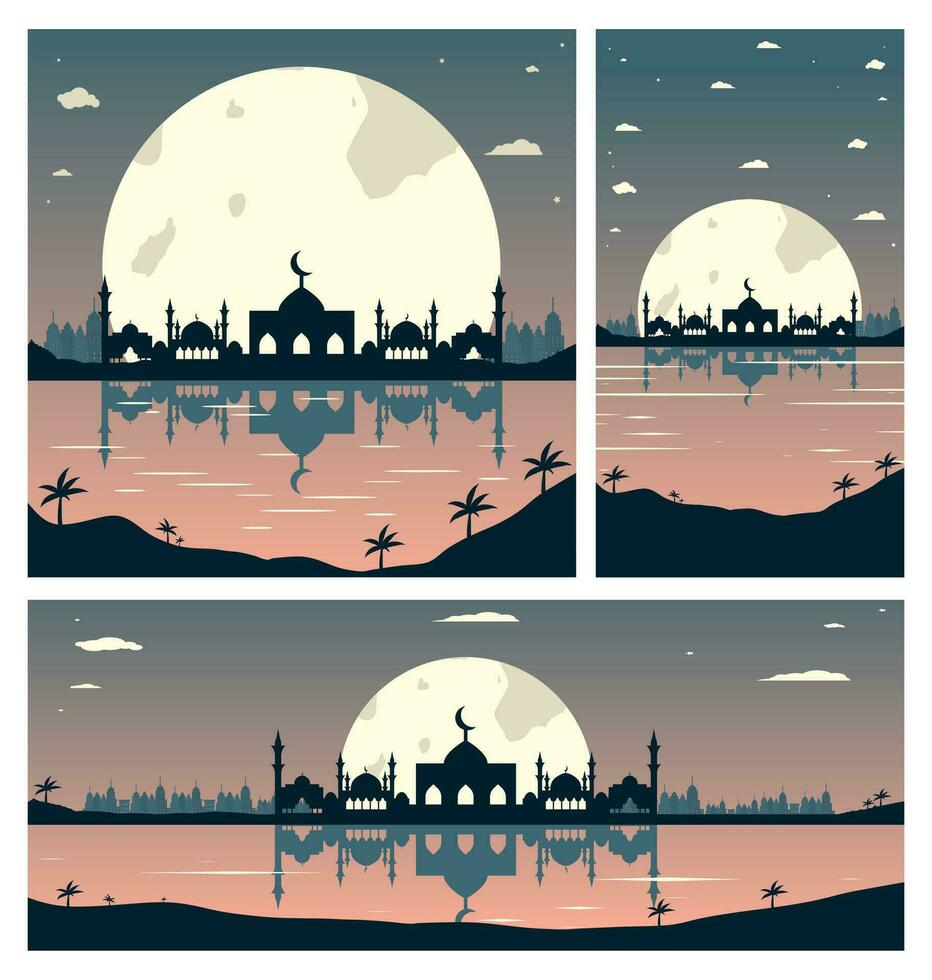 Collection of Mosque Silhouettes with Urban Buildings and Sunset Background vector