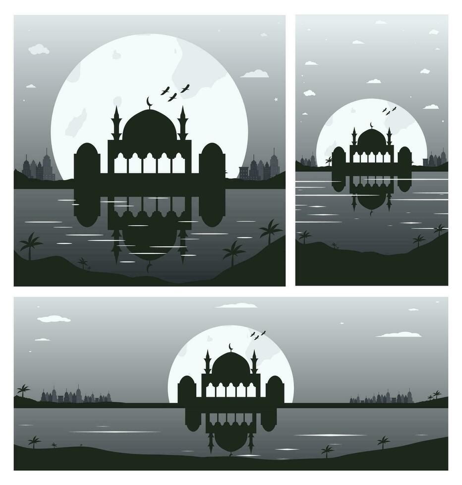 Collection of Mosque Silhouette Backgrounds with Urban Buildings and Full Moon in the Background vector