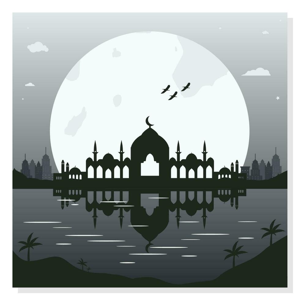 Mosque Silhouette Backgrounds with Urban Buildings and Full Moon in the Background vector