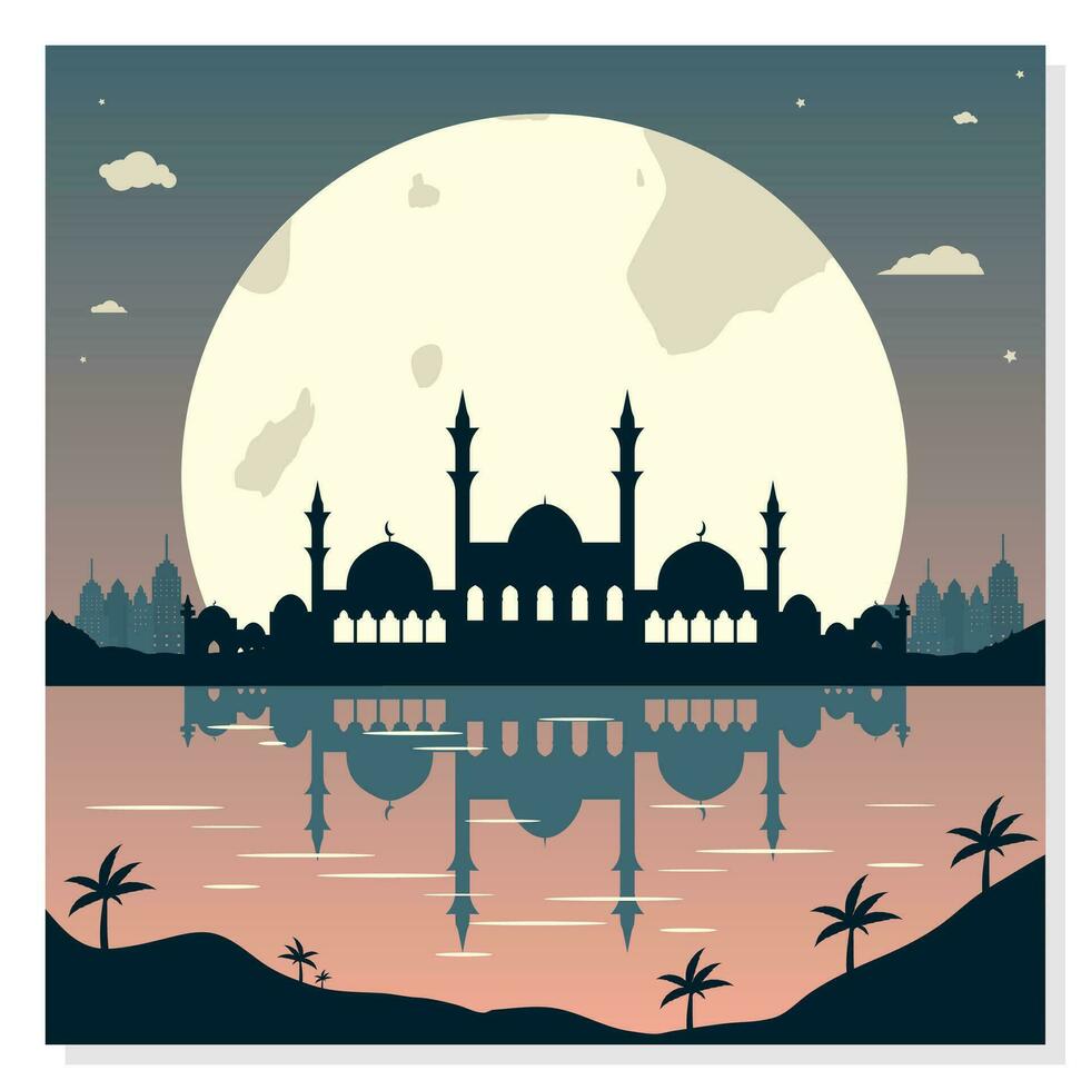 Mosque Silhouettes with Urban Buildings and Sunset Background vector