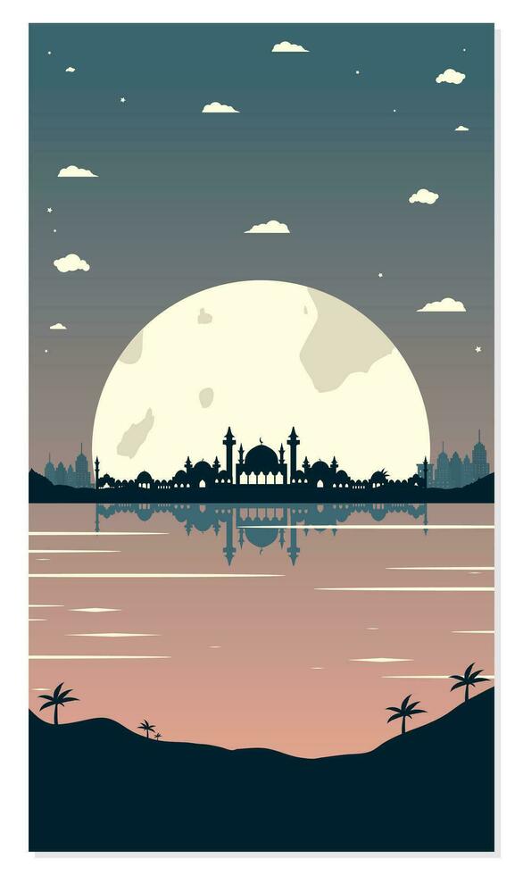 Mosque Silhouettes with Urban Buildings and Sunset Background vector