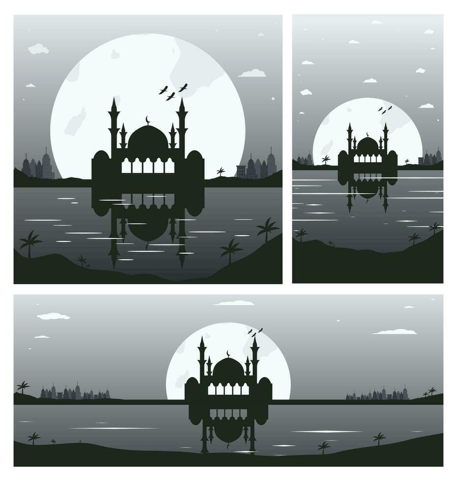 Collection of Mosque Silhouette Backgrounds with Urban Buildings and Full Moon in the Background vector